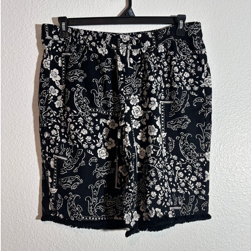 Susan Graver Pure Size L Frayed Hem Black White Linen Rayon Blend Bermuda Shorts